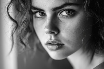 Fototapeta premium Intense gaze of a young woman with curly hair in black and white, capturing raw emotion indoors