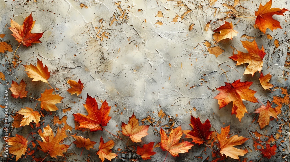 Poster a rustic background of orange maple leaves scattered on a textured gray surface.