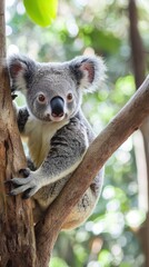Fototapeta premium A playful koala clings to a eucalyptus tree in an Australian forest during daylight