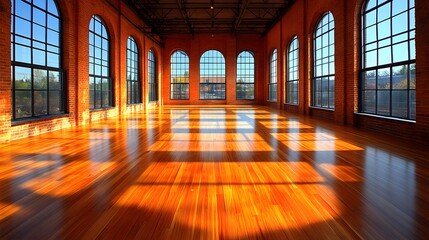 Empty office space with polished wooden floors and large windows showcasing a cityscape view