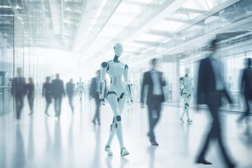 Blurred robots walking in futuristic building technology mannequin adult.