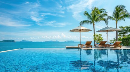Fototapeta premium Serene Poolside Terrace with Clear Water and Sunbeds