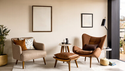 A stylish reading nook featuring a cozy armchair with a pillow, a framed mockup for artwork on the wall. Modern design