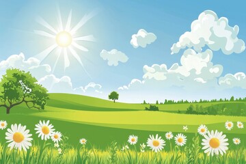 Breezy summer day in a lush green meadow surrounded by wildflowers and blue skies