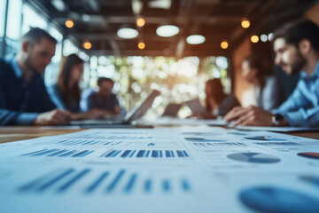 Business team reviewing data charts and financial reports in a meeting