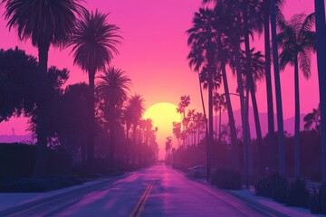 Sunset Boulevard in Los Angeles, California. Pink Sky and Palm Trees Lining the Road at Sunrise