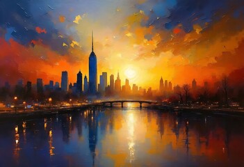 Obraz premium Artistic painting of skyscrapers.Abstract style.Cityscape panorama. 