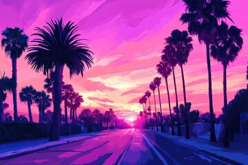 Sunset Boulevard in Los Angeles, California with Pink Sky and Palm Tree-Lined Road