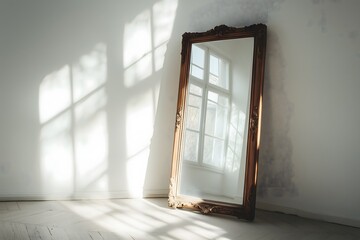 Fototapeta premium An antique mirror with a wooden frame leaning against a white wall