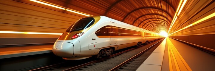 Naklejka premium A sleek train emerges from a tunnel, symbolizing speed and technology in modern transportation. Ideal for marketing, travel, and infrastructure projects.