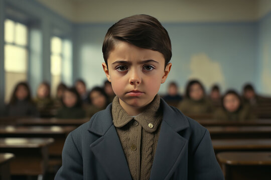 thoughtful little boy in classroom, vintage portrait. education and childhood, retro style