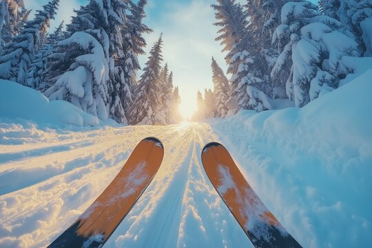 Skier going downhill at sunset in forest on sunny day
