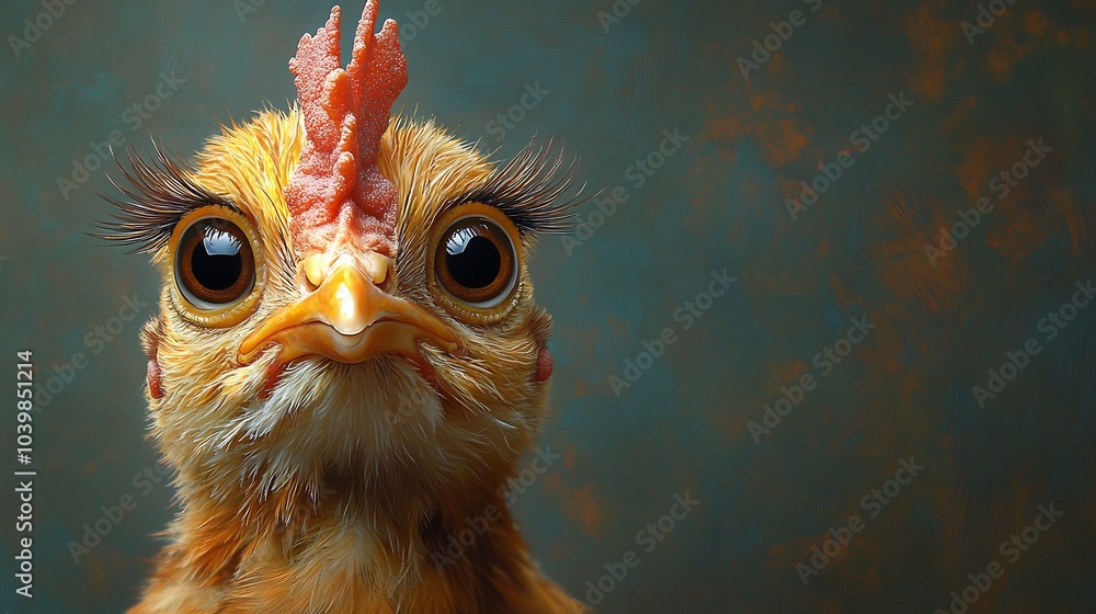 Poster quirky hen with long eyelashes in a bavarian dirndl showing an exaggerated expression set against an