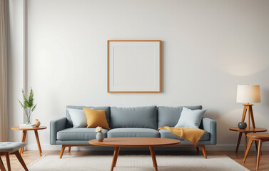 Fototapeta premium Framed Artwork Above a Mid-century Modern Sofa in Minimalist Room