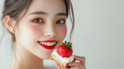 ストロベリーケーキを楽しむ若い女性