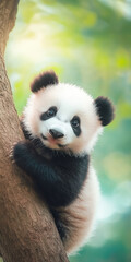 Obraz premium Adorable baby panda climbing a tree in lush green forest