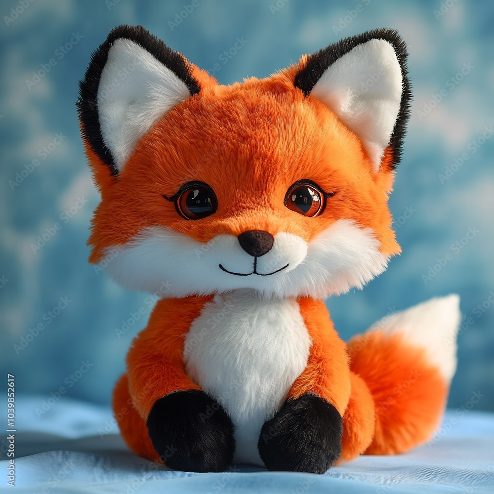 Poster realistic plush fox toy with redandwhite stripes black ears and an orange nose sits on a lightblue s
