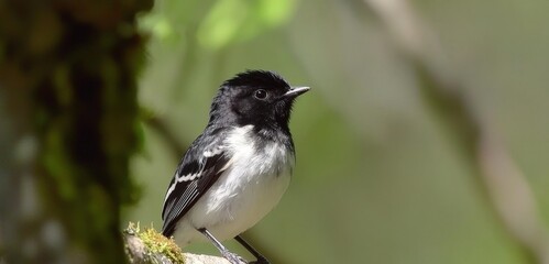 A charming black-and-white warbler perched on a mossy branch in a serene forest setting