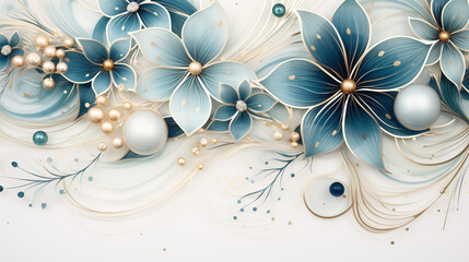 Elegant blue and gold floral pattern with Christmas ornaments on white background