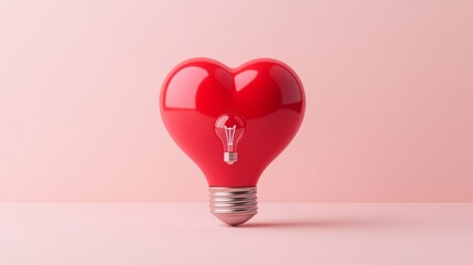 A red heart-shaped ball with a light bulb icon on a pastel pink background conveys love, care, and the power of ideas.