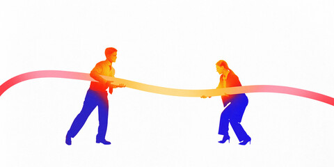 Two business professionals pulling long ribbon, illustrating negotiation, partnership, and collaborative efforts in achieving common business goals. Contemporary art collage. Concept of business
