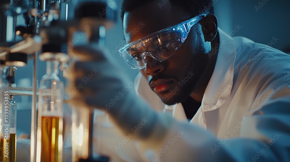 Poster scientist conducting experiment in laboratory setting