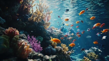 An underwater diving gear display in a vibrant tropical lagoon, Scuba equipment surrounded by exotic fish and coral gardens, Tropical lagoon exploration style