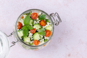 Tabbouleh salad national traditional food middle eastern. Healthy vegetarian food. Muslim family dinner, Ramadan, iftar. Arabian cuisine. top view