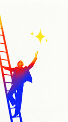 Businessman climbing ladder and reaching for shining stars, symbolizing ambition, success, and...
