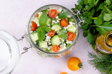 Tabbouleh salad national traditional food middle eastern. Healthy vegetarian food. Muslim family dinner, Ramadan, iftar. Arabian cuisine. top view