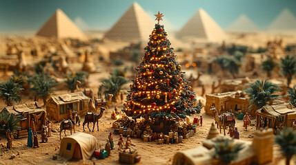 christmas, season, miniature, desert, pyramid, egypt, camel, sandstorm, sun, summer, summer christmas, resort, hotel, luxury, christmas tree, christmas decoration, village, gift, greeting, candle