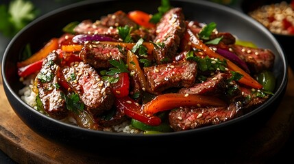 Organic beef stir fry with teriyaki sauce and sesame seeds served over steamed rice in a black bowl  This Asian inspired dish features a mouthwatering blend of flavors and textures