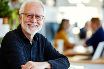 Smiling elderly man wearing glasses sitting in casual indoor setting. Confident senior businessman working in modern office. Portrait of mature corporate worker