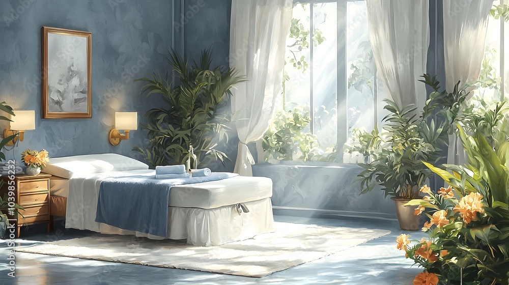 Poster serene and sophisticated spa room with a massage table and neatly arranged towels creating a calming