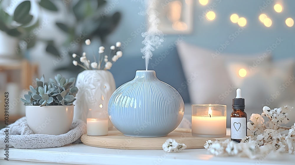 Poster aromatherapy session in a serene spa with essential oil diffusers and candles creating a calming atm