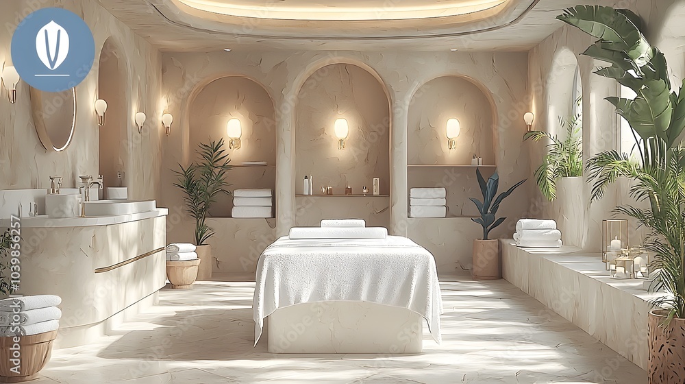 Poster serene and tranquil spa room with soft lighting massage table and neatly arranged towels creating a 