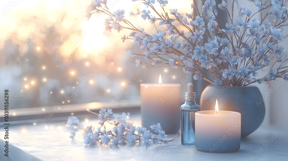Poster serene aromatherapy spa session with essential oils and candles isolated background offering copy sp
