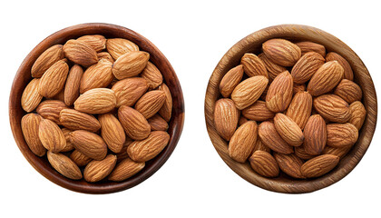 top view of a wooden bowl filled with whole almonds isolated on transparent background, clipping path, cut out, png