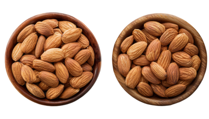 top view of a wooden bowl filled with whole almonds isolated on transparent background, clipping path, cut out, png
