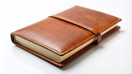 Obraz premium Brown Leather Notebook on White Background - Minimalist Stationery for Creative Projects and Office Use