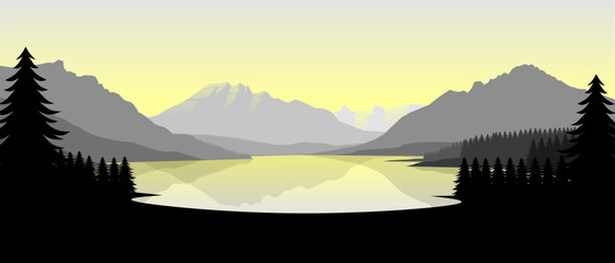 Grey mountain landscape wallpaper in a minimalist flat design style. Minimalist beauty background for desktop and wallpaper