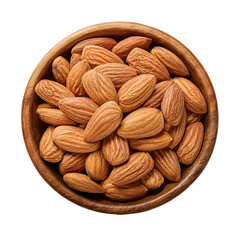 top view of a wooden bowl filled with whole almonds isolated on transparent background, clipping path, cut out, png