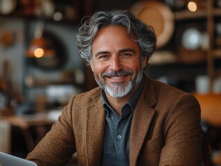 portrait of a joyful middle-aged businessman, engaged with his laptop in a well-appointed office. his confident expression radiates professionalism and contentment, inviting connection