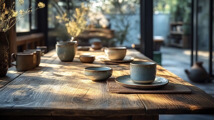 Rustic wooden table elegantly set with handmade ceramic cups and plates soft natural lighting enhances the minimalist design showcasing the unique textures of the pottery