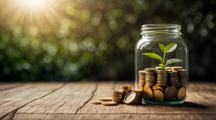 A jar filled with coins and a small plant, symbolizing growth, savings, and the fusion of nature with financial prosperity.