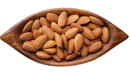 top view of a wooden bowl filled with whole almonds isolated on transparent background, clipping path, cut out, png