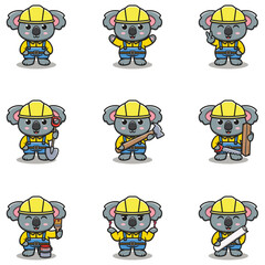 Cute Koala mascot works in construction. Cute Koala builder cartoon. Animal builders.