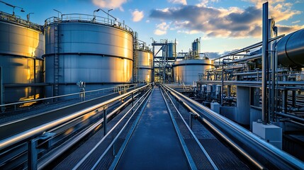 Obraz premium Industrial Scene of Storage Tanks at Golden Hour