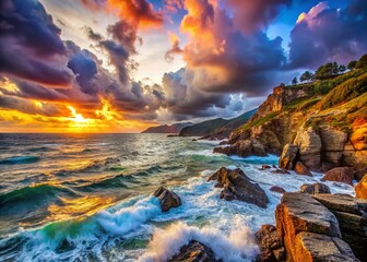 Candid Rocky Coast of Tuscany with Dramatic Waves and Clouds at Sunset
