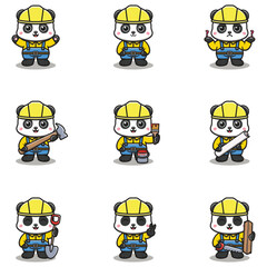 Cute Panda mascot works in construction. Cute Panda builder cartoon. Animal builders.